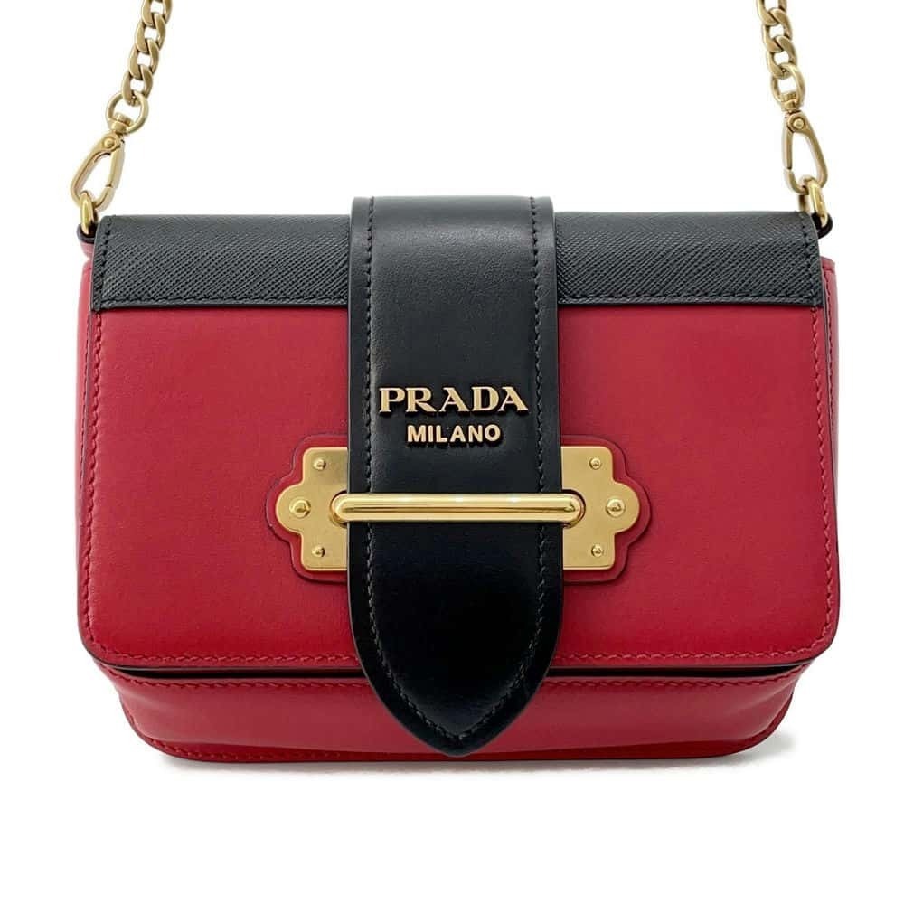 Prada Chain Shoulder Bag Logo Leather Belt Red Black BGA